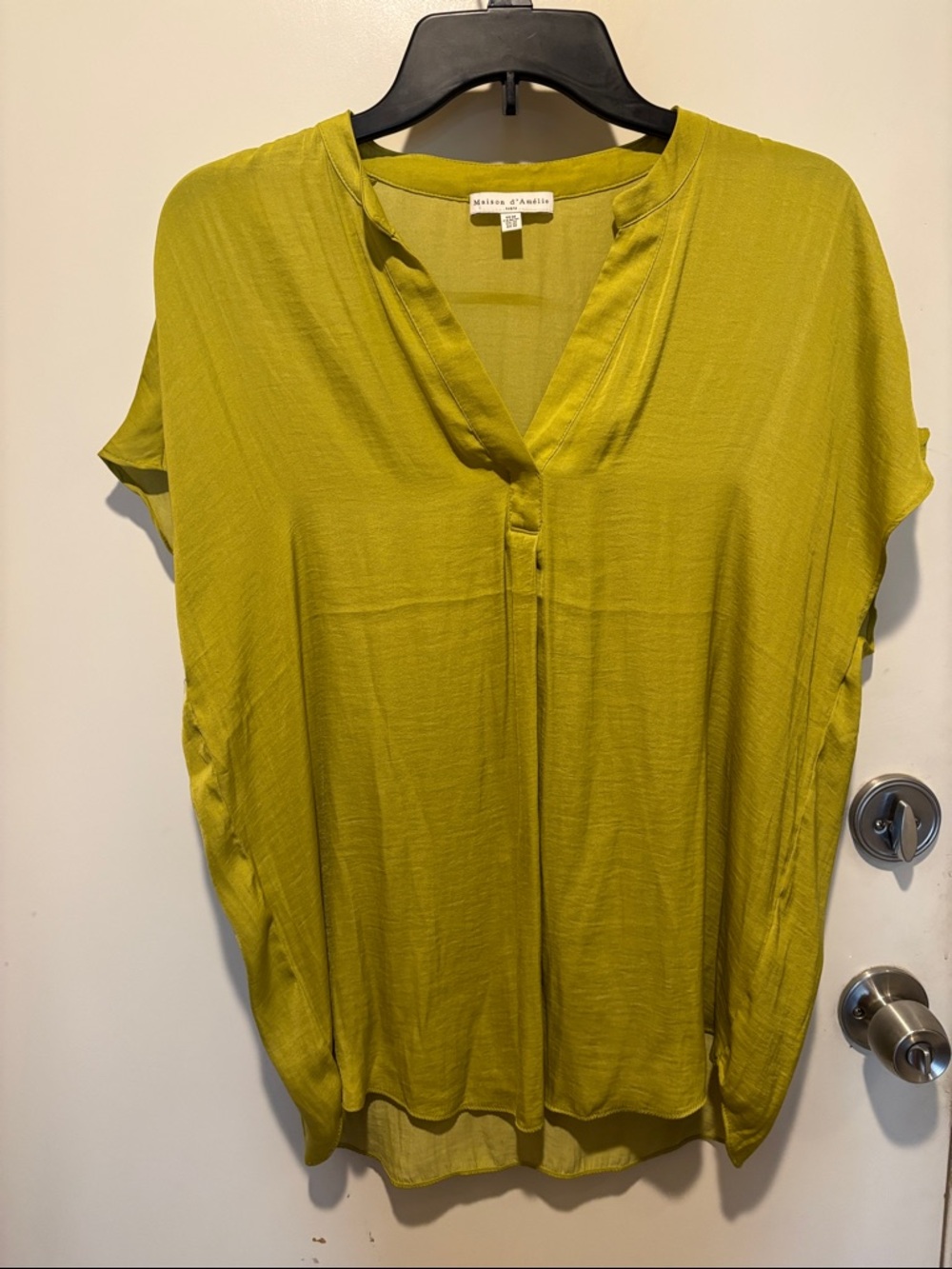 Chartreuse V-Neck Short Sleeve Blouse